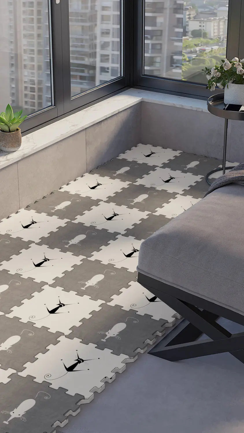 🐈 DECOZEYN Kedi Desenli Baskılı Puzzle Zemin Halısı! Siyah, Beyaz ve Gri Mutfak, Balkon ve Oturma Odası Decozeyn