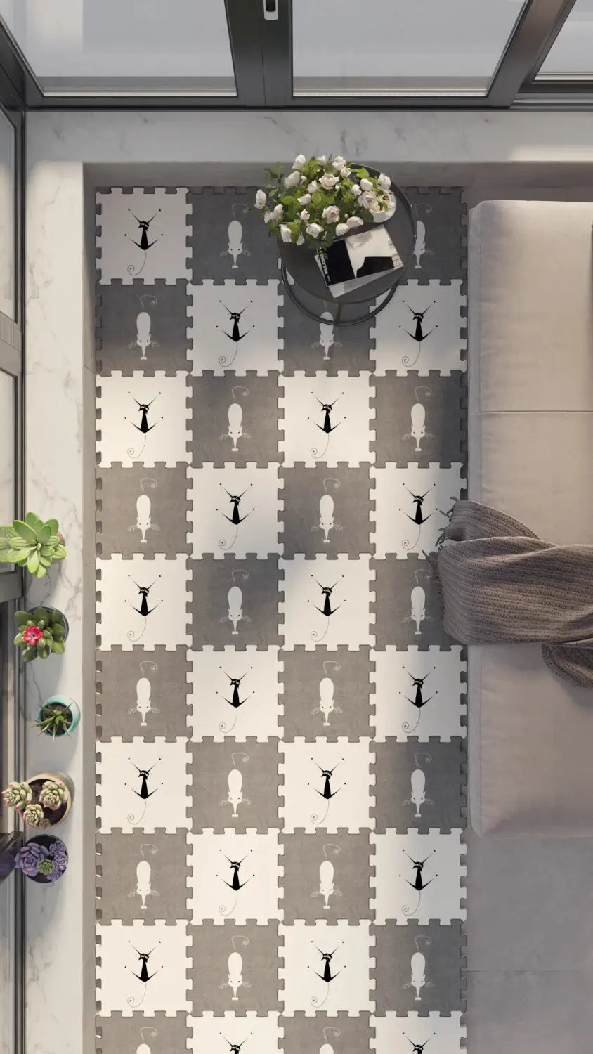 🐈 DECOZEYN Kedi Desenli Baskılı Puzzle Zemin Halısı! Siyah, Beyaz ve Gri Mutfak, Balkon ve Oturma Odası Decozeyn