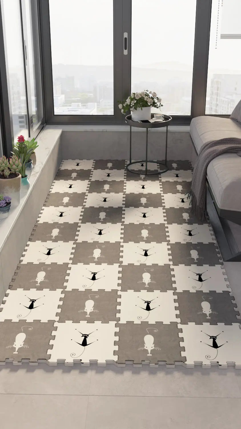 🐈 DECOZEYN Kedi Desenli Baskılı Puzzle Zemin Halısı! Siyah, Beyaz ve Gri Mutfak, Balkon ve Oturma Odası Decozeyn