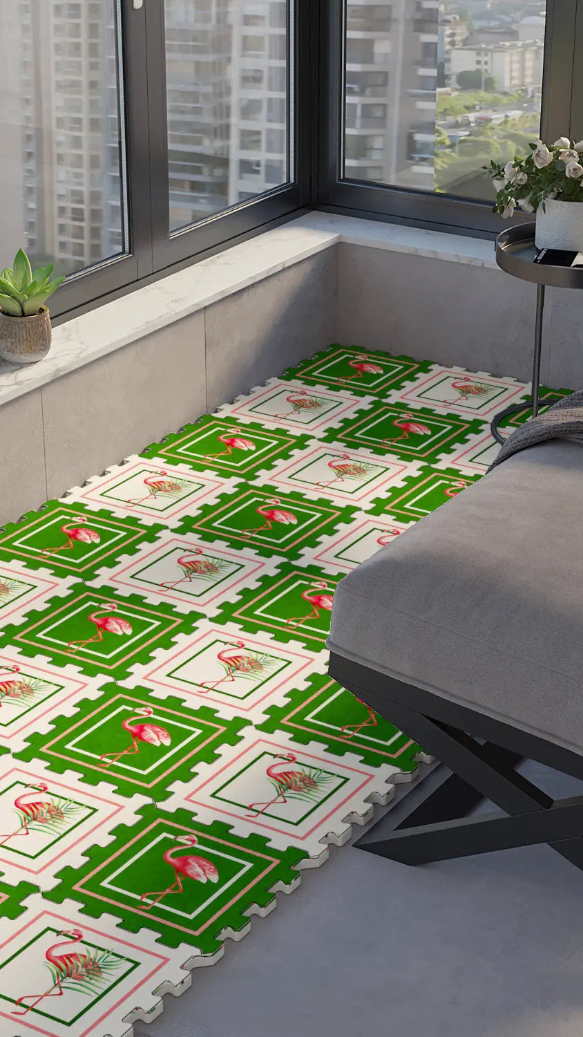 🦩 DECOZEYN Flamingo ve Geometrik Çerçeve Desenli Baskılı Puzzle Zemin Halısı! Yeşil, Beyaz ve Pembe Mutfak, Balkon ve Oturma Odası Decozeyn