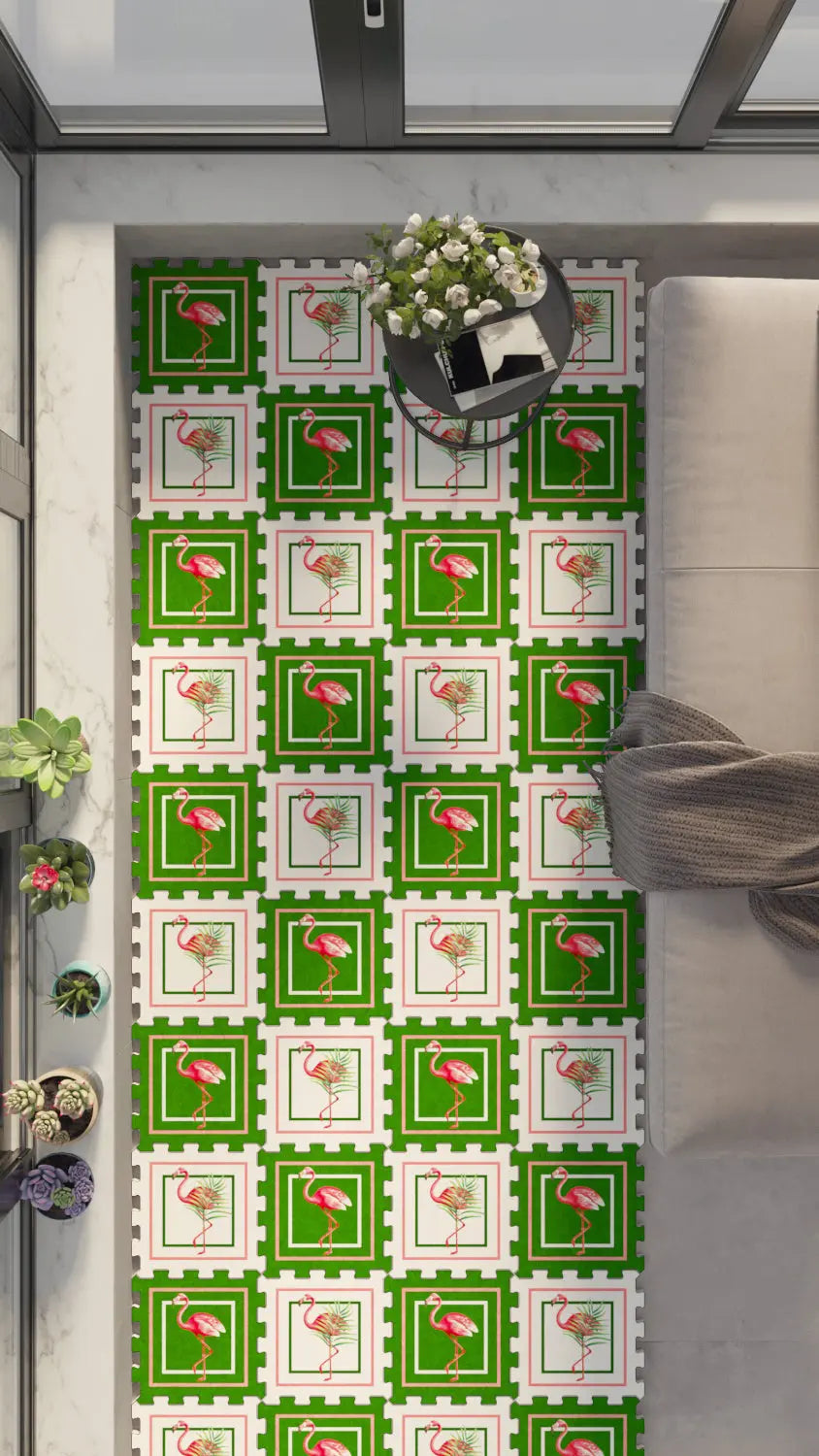 🦩 DECOZEYN Flamingo ve Geometrik Çerçeve Desenli Baskılı Puzzle Zemin Halısı! Yeşil, Beyaz ve Pembe Mutfak, Balkon ve Oturma Odası Decozeyn