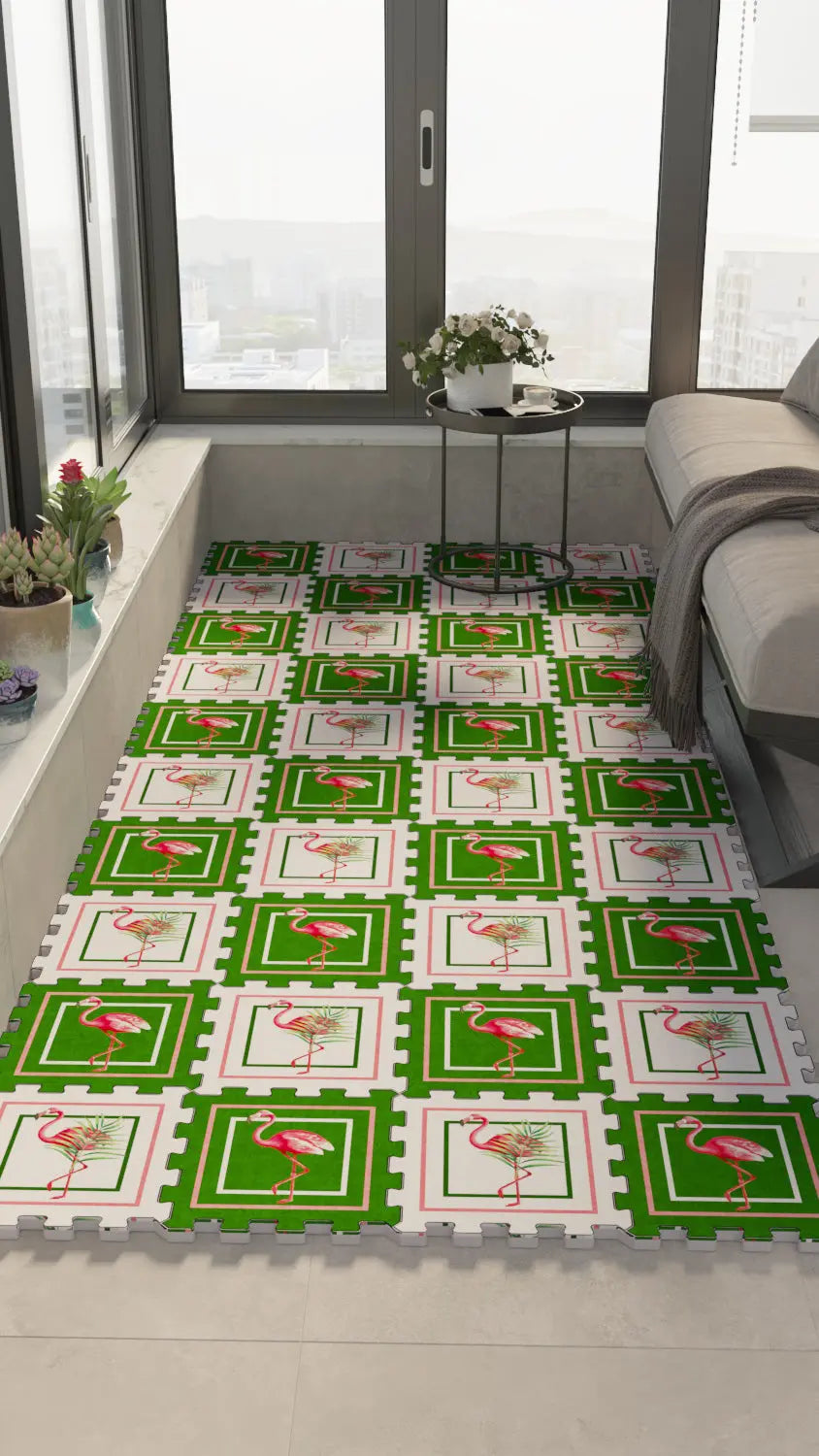 🦩 DECOZEYN Flamingo ve Geometrik Çerçeve Desenli Baskılı Puzzle Zemin Halısı! Yeşil, Beyaz ve Pembe Mutfak, Balkon ve Oturma Odası Decozeyn