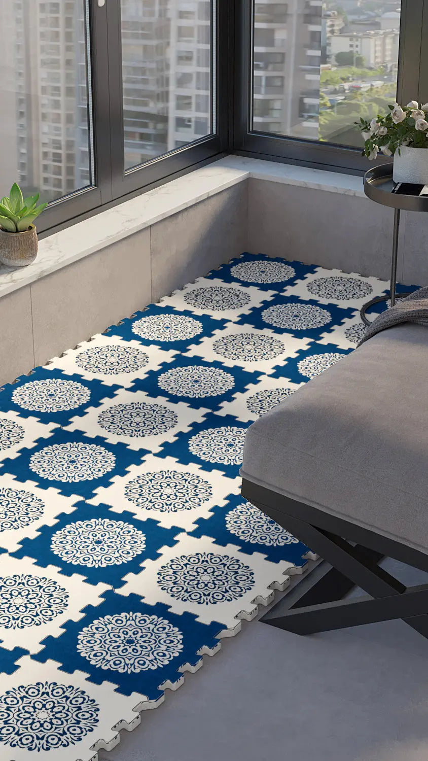 🔵 DECOZEYN Mandalalı / Çini Desenli Baskılı Puzzle Yapboz Zemin Halısı! Mavi ve Beyaz Mutfak, Balkon ve Oturma Odası Decozeyn