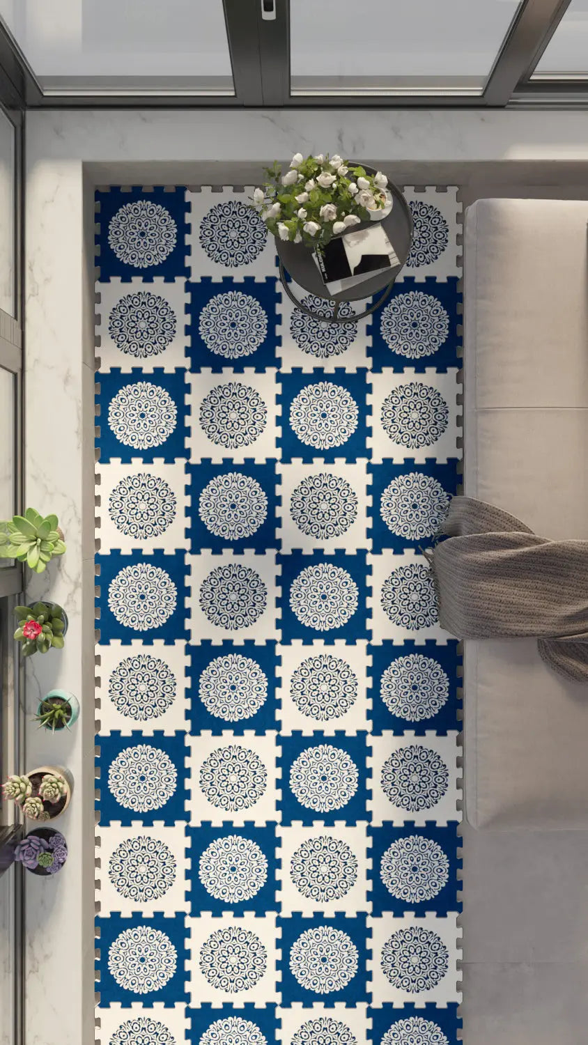 🔵 DECOZEYN Mandalalı / Çini Desenli Baskılı Puzzle Yapboz Zemin Halısı! Mavi ve Beyaz Mutfak, Balkon ve Oturma Odası Decozeyn