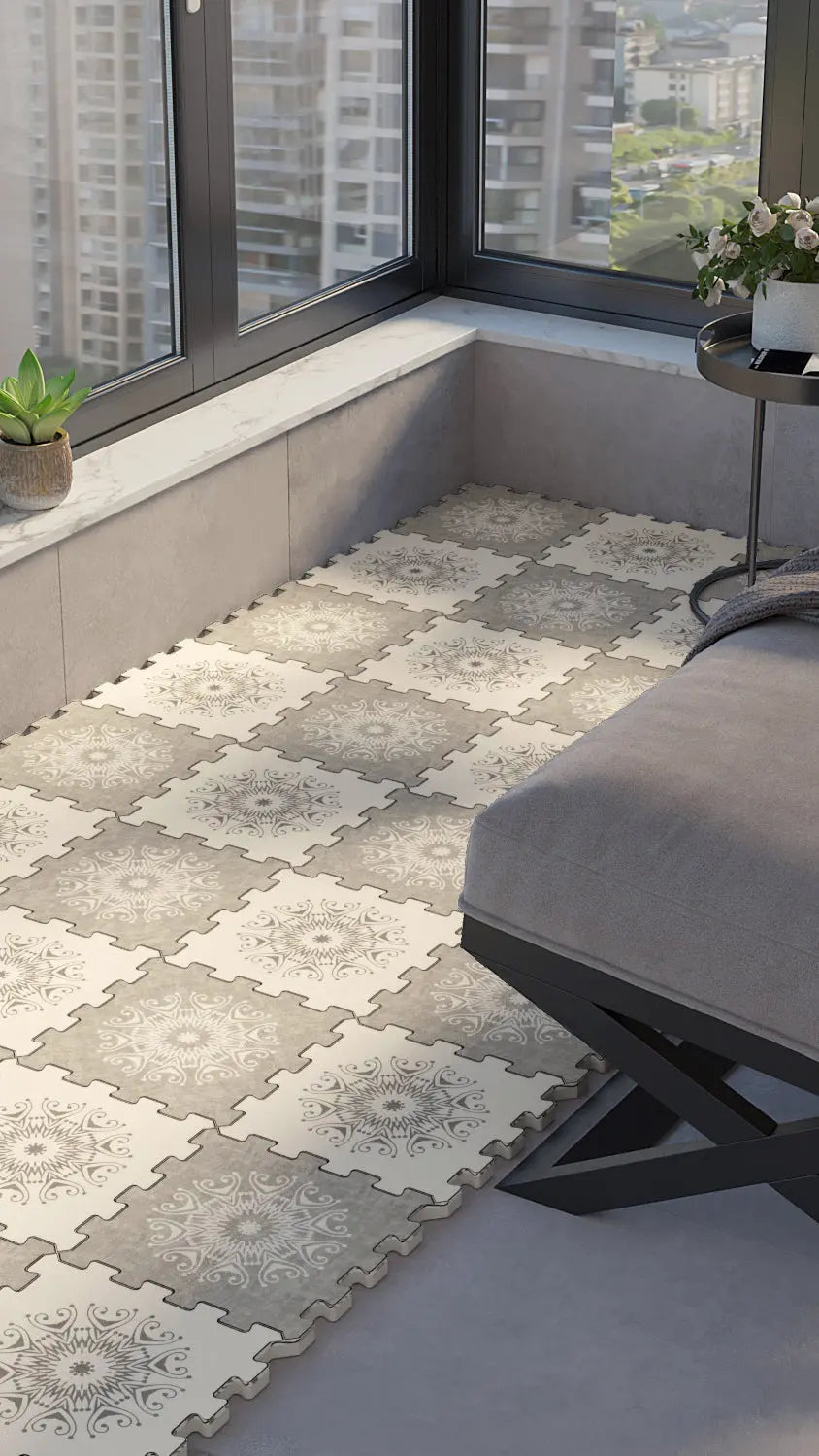 🪷 DECOZEYN Vintage Mandala Desenli Baskılı Puzzle Yapboz Zemin Halısı! Gri, Bej ve Beyaz Mutfak, Balkon ve Oturma Odası Decozeyn