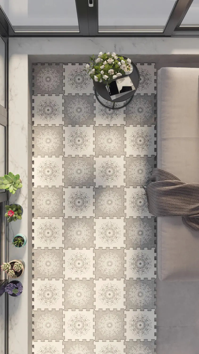 🪷 DECOZEYN Vintage Mandala Desenli Baskılı Puzzle Yapboz Zemin Halısı! Gri, Bej ve Beyaz Mutfak, Balkon ve Oturma Odası Decozeyn