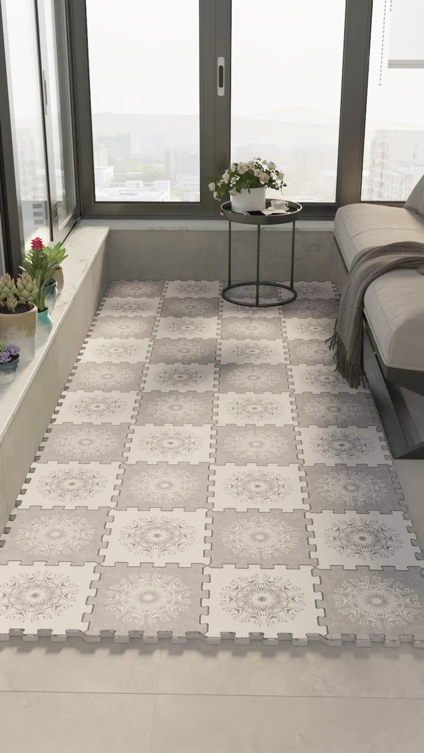 🪷 DECOZEYN Vintage Mandala Desenli Baskılı Puzzle Yapboz Zemin Halısı! Gri, Bej ve Beyaz Mutfak, Balkon ve Oturma Odası Decozeyn