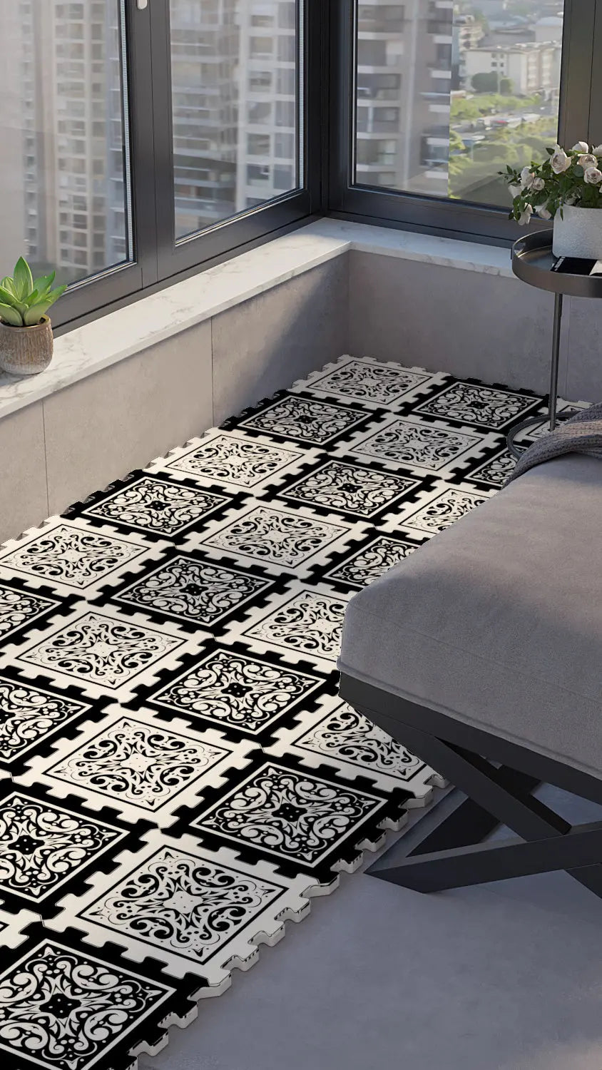 🔳 DECOZEYN Retro Karo / Osmanlı Çini Desenli Baskılı Puzzle Yapboz Zemin Halısı! Siyah ve Beyaz Mutfak, Balkon ve Oturma Odası Decozeyn