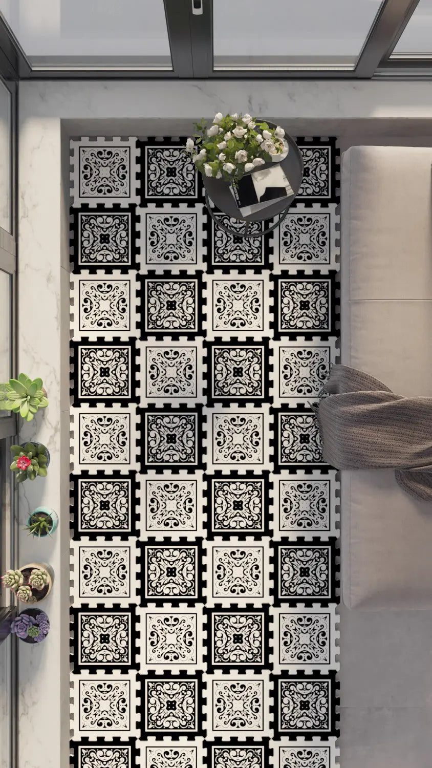 🔳 DECOZEYN Retro Karo / Osmanlı Çini Desenli Baskılı Puzzle Yapboz Zemin Halısı! Siyah ve Beyaz Mutfak, Balkon ve Oturma Odası Decozeyn