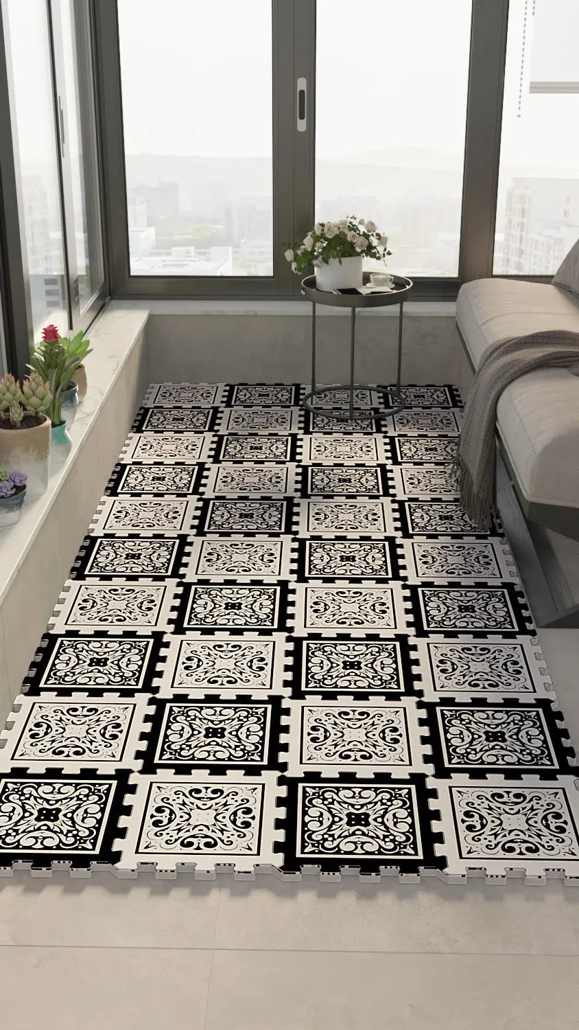 🔳 DECOZEYN Retro Karo / Osmanlı Çini Desenli Baskılı Puzzle Yapboz Zemin Halısı! Siyah ve Beyaz Mutfak, Balkon ve Oturma Odası Decozeyn