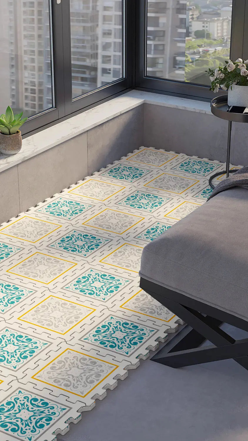 🏡 DECOZEYN "HOME Sweet HOME" Yazısı, Çiçek Çelengi ve "H" Harfi Desenli Baskılı Puzzle Yapboz Zemin Halısı! Gri, Beyaz ve Mavi Mutfak, Balkon ve Oturma Odası Decozeyn