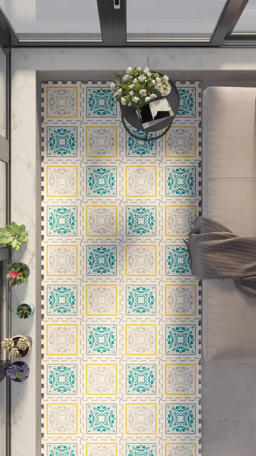 🏡 DECOZEYN "HOME Sweet HOME" Yazısı, Çiçek Çelengi ve "H" Harfi Desenli Baskılı Puzzle Yapboz Zemin Halısı! Gri, Beyaz ve Mavi Mutfak, Balkon ve Oturma Odası Decozeyn