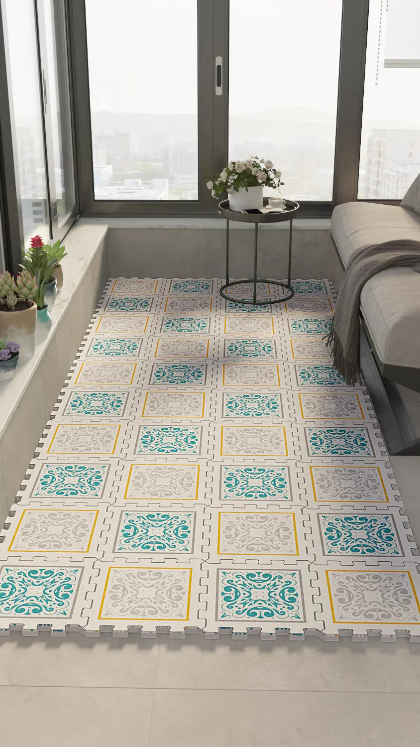 🏡 DECOZEYN "HOME Sweet HOME" Yazısı, Çiçek Çelengi ve "H" Harfi Desenli Baskılı Puzzle Yapboz Zemin Halısı! Gri, Beyaz ve Mavi Mutfak, Balkon ve Oturma Odası Decozeyn