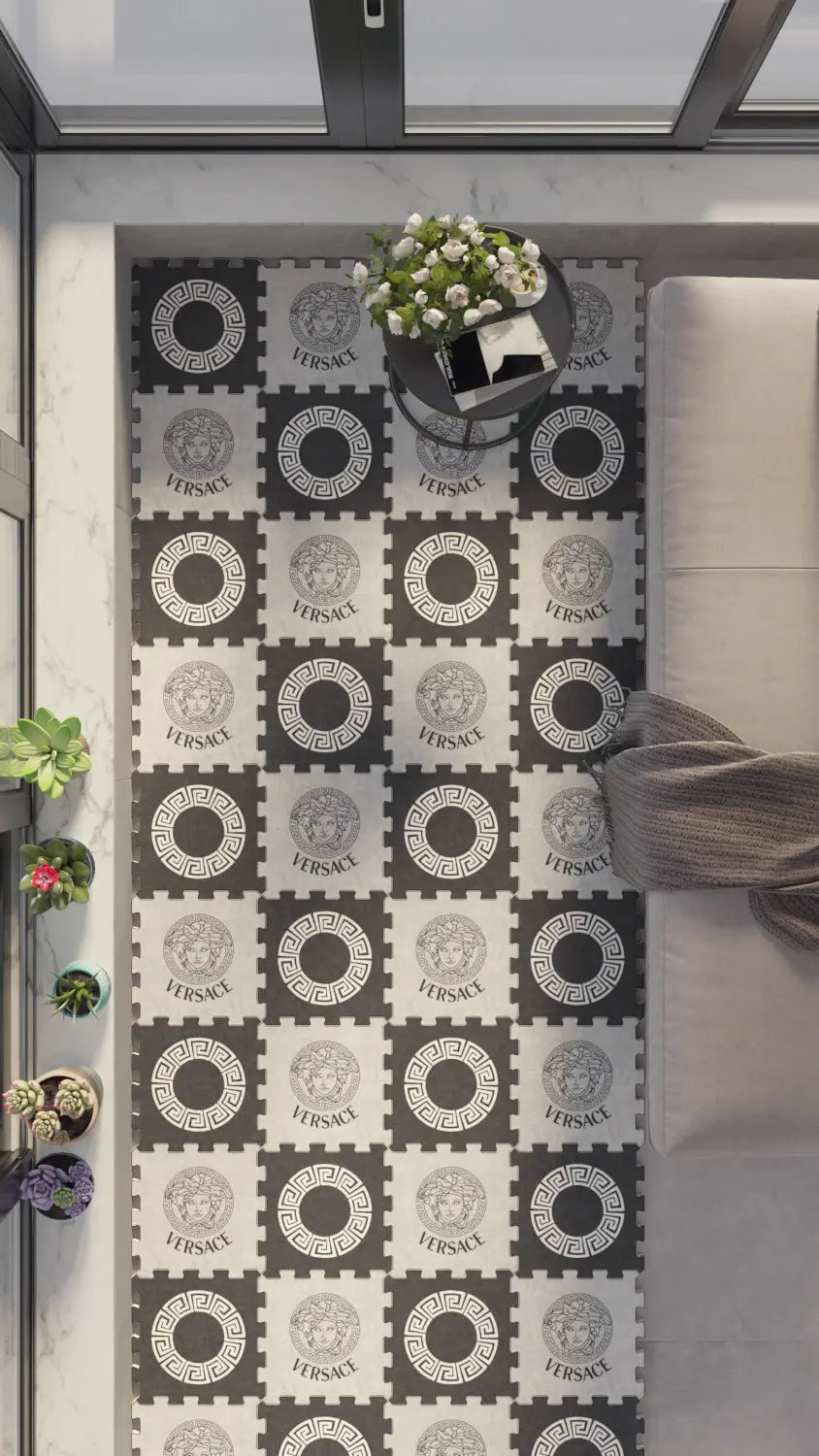 🔱 DECOZEYN Mitolojik Kafa ve Sonsuzluk Çerçeve Desenli Baskılı Puzzle Yapboz Zemin Halısı! Siyah, Açık Gri ve Beyaz Mutfak, Balkon ve Oturma Odası Decozeyn