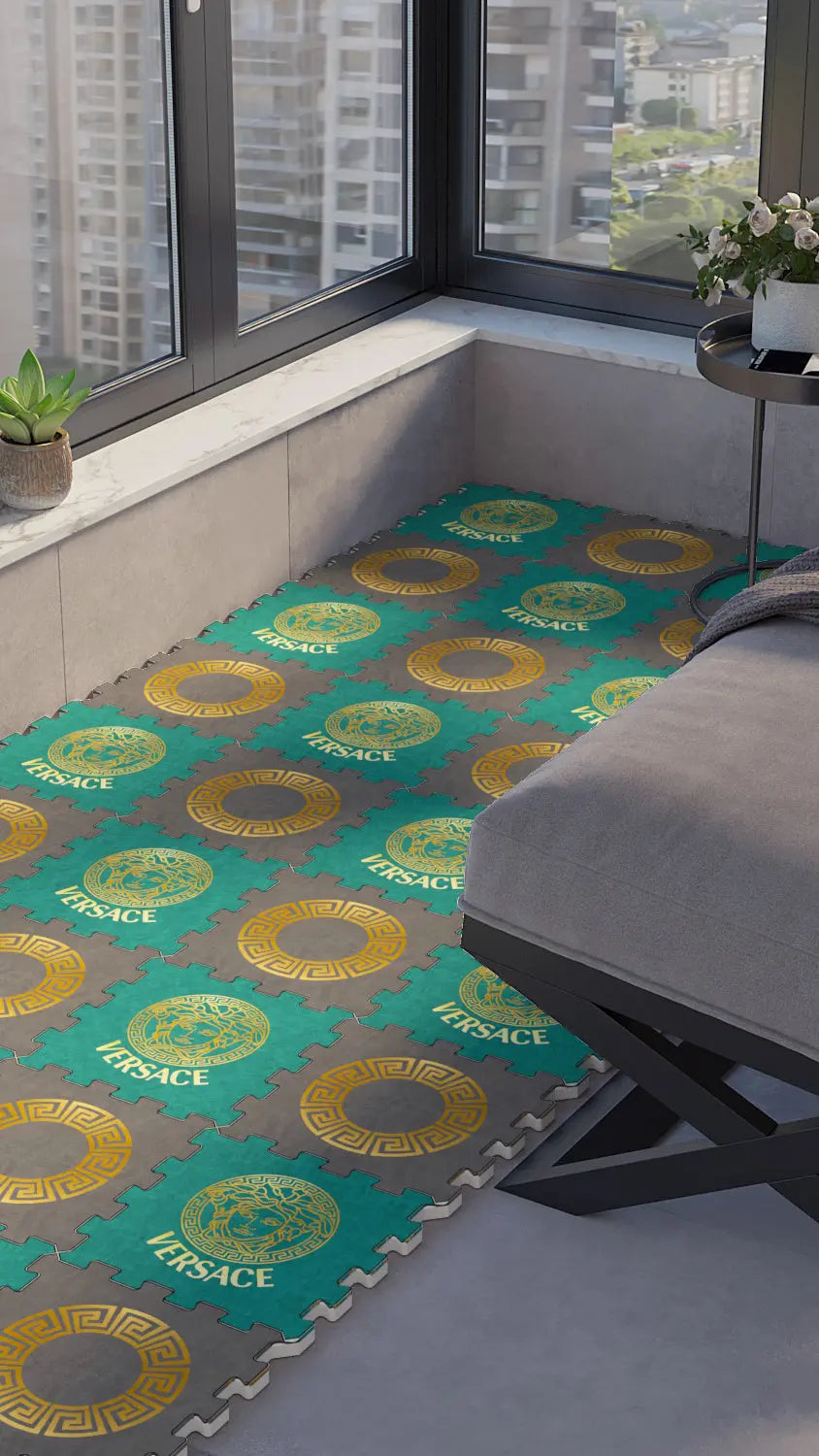 🔱 DECOZEYN Mitolojik Kafa ve Sonsuzluk Çerçeve Desenli Baskılı Puzzle Yapboz Zemin Halısı! Turkuaz, Altın Sarısı ve Gri Mutfak, Balkon ve Oturma Odası Decozeyn