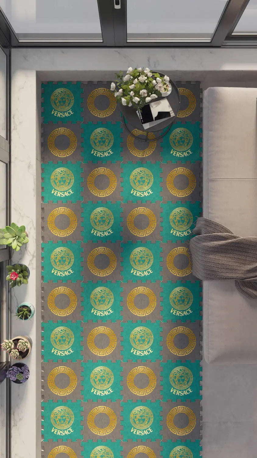 🔱 DECOZEYN Mitolojik Kafa ve Sonsuzluk Çerçeve Desenli Baskılı Puzzle Yapboz Zemin Halısı! Turkuaz, Altın Sarısı ve Gri Mutfak, Balkon ve Oturma Odası Decozeyn