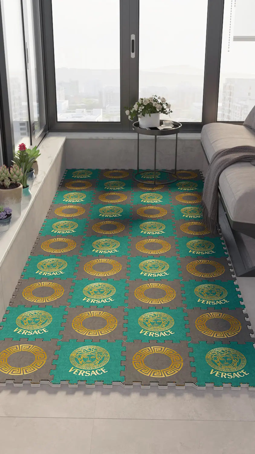 🔱 DECOZEYN Mitolojik Kafa ve Sonsuzluk Çerçeve Desenli Baskılı Puzzle Yapboz Zemin Halısı! Turkuaz, Altın Sarısı ve Gri Mutfak, Balkon ve Oturma Odası Decozeyn