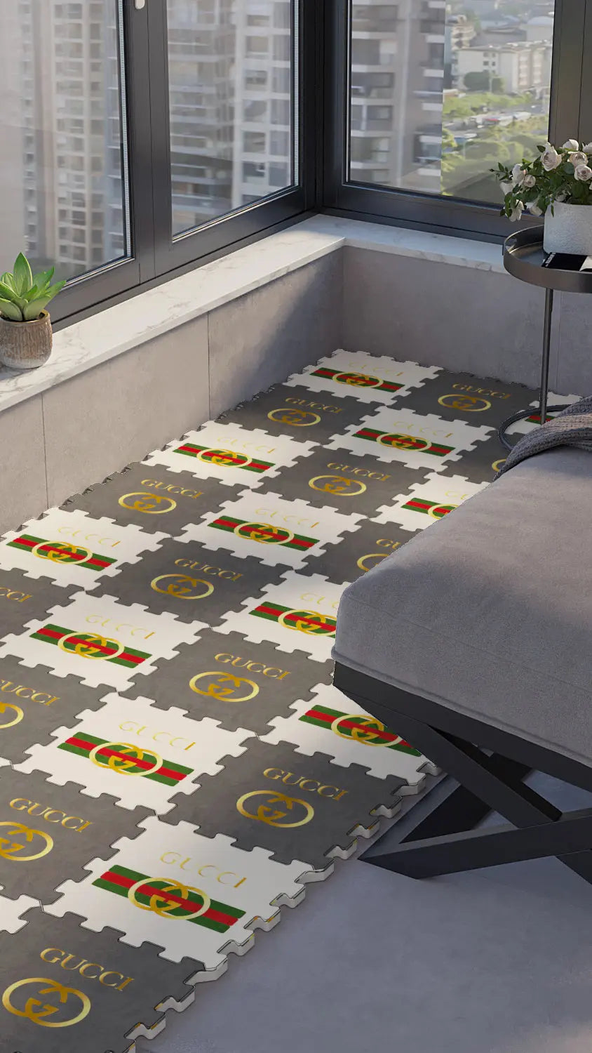 🔴 DECOZEYN Kırmızı, Yeşil Çizgili ve Altın Renkli Yuvarlak Motifli Baskılı Puzzle Yapboz Zemin Halısı! Kırmızı, Yeşil, Altın Sarısı, Gri ve Beyaz Mutfak, Balkon ve Oturma Odası Decozeyn