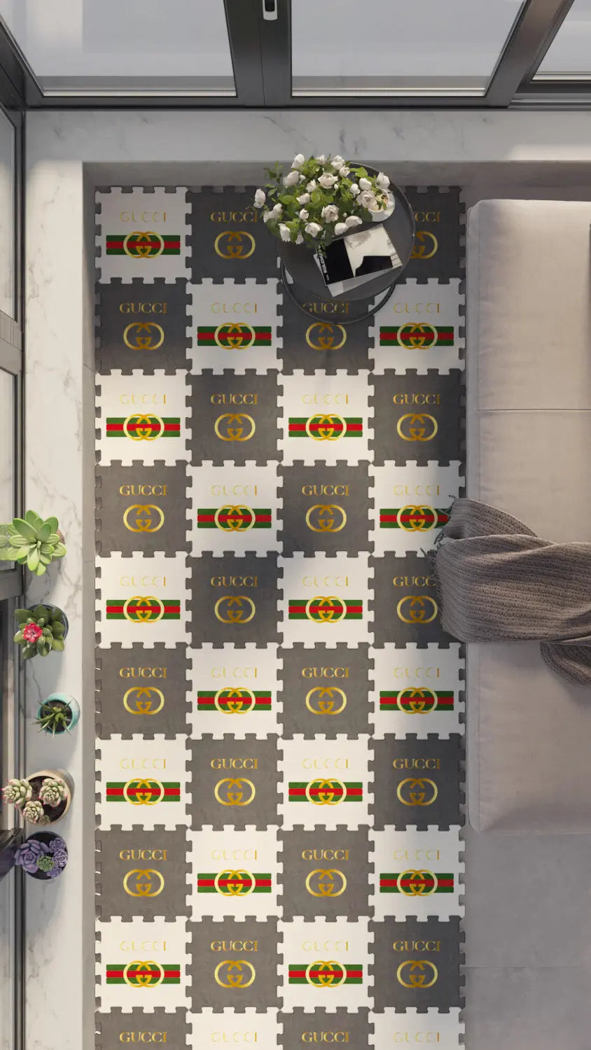 🔴 DECOZEYN Kırmızı, Yeşil Çizgili ve Altın Renkli Yuvarlak Motifli Baskılı Puzzle Yapboz Zemin Halısı! Kırmızı, Yeşil, Altın Sarısı, Gri ve Beyaz Mutfak, Balkon ve Oturma Odası Decozeyn