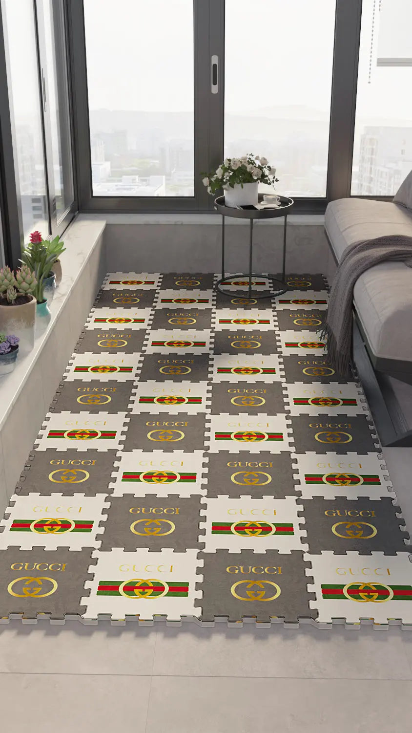 🔴 DECOZEYN Kırmızı, Yeşil Çizgili ve Altın Renkli Yuvarlak Motifli Baskılı Puzzle Yapboz Zemin Halısı! Kırmızı, Yeşil, Altın Sarısı, Gri ve Beyaz Mutfak, Balkon ve Oturma Odası Decozeyn