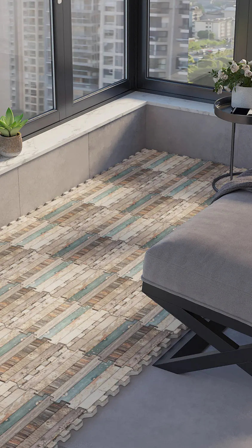 🪵 DECOZEYN Eskitme Ahşap Panel Deseni Baskılı Puzzle Yapboz Zemin Halısı! Kahverengi, Bej, Gri ve Mavi Mutfak, Balkon ve Oturma Odası Decozeyn