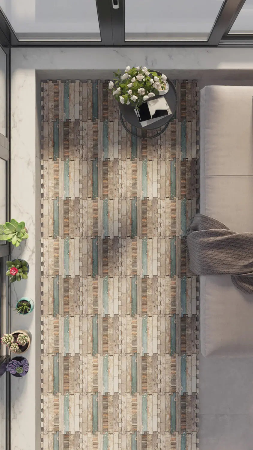 🪵 DECOZEYN Eskitme Ahşap Panel Deseni Baskılı Puzzle Yapboz Zemin Halısı! Kahverengi, Bej, Gri ve Mavi Mutfak, Balkon ve Oturma Odası Decozeyn