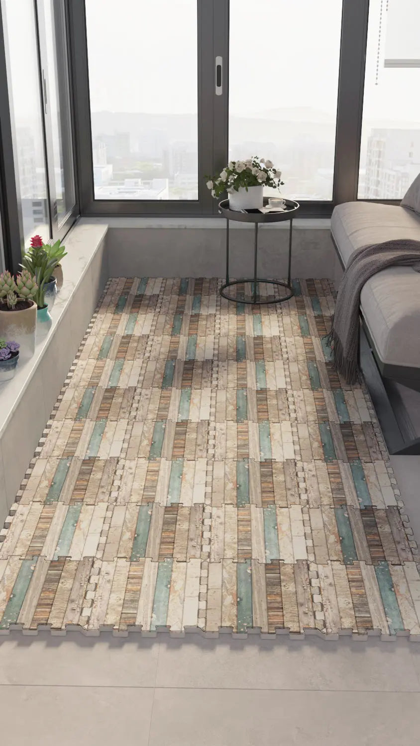 🪵 DECOZEYN Eskitme Ahşap Panel Deseni Baskılı Puzzle Yapboz Zemin Halısı! Kahverengi, Bej, Gri ve Mavi Mutfak, Balkon ve Oturma Odası Decozeyn