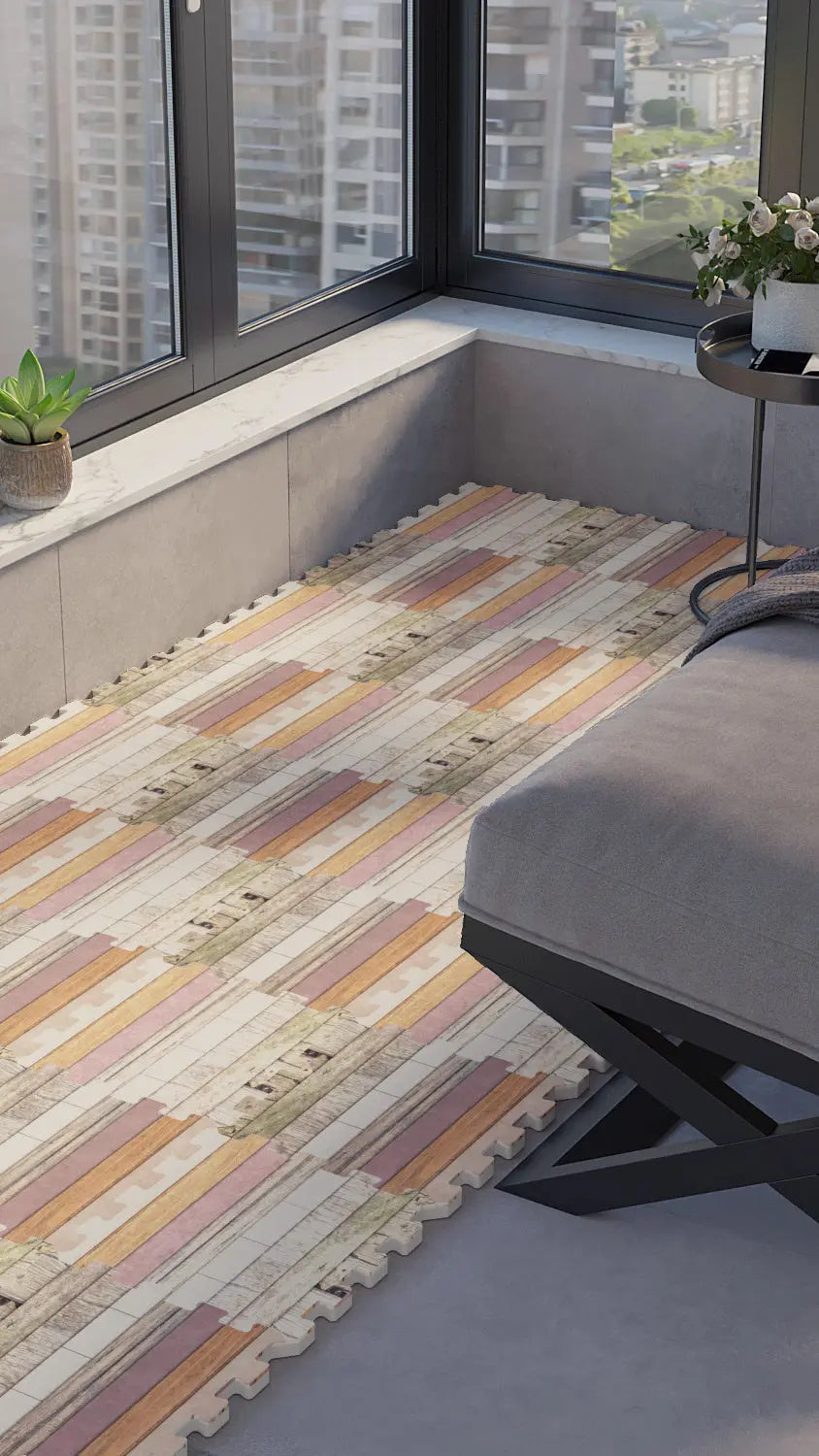 🪵 DECOZEYN Eskitme Renkli Ahşap Panel Deseni Baskılı Puzzle Yapboz Zemin Halısı! Toz Pembe, Şeftali, Bej ve Gri Mutfak, Balkon ve Oturma Odası Decozeyn