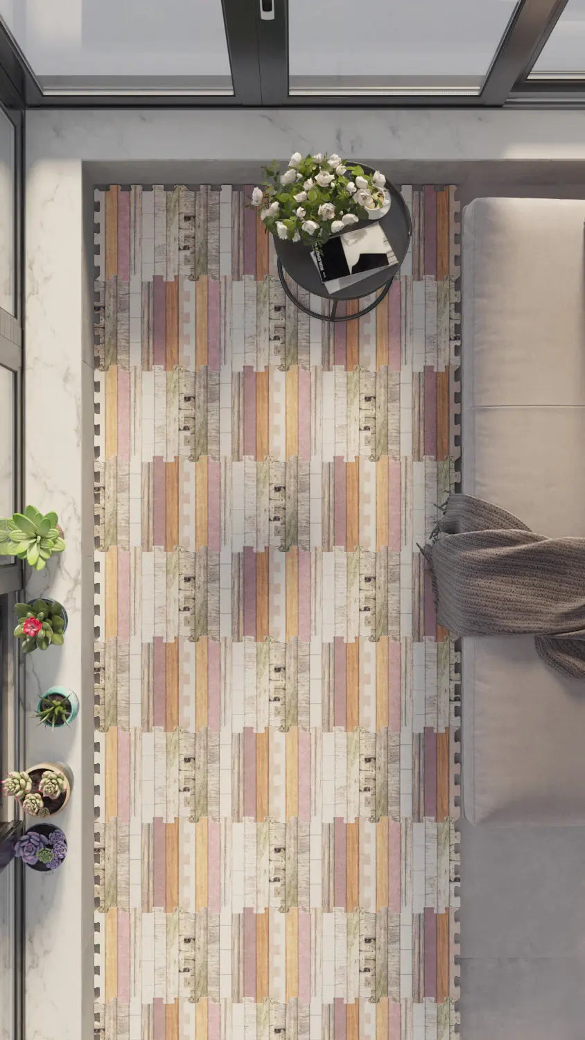 🪵 DECOZEYN Eskitme Renkli Ahşap Panel Deseni Baskılı Puzzle Yapboz Zemin Halısı! Toz Pembe, Şeftali, Bej ve Gri Mutfak, Balkon ve Oturma Odası Decozeyn