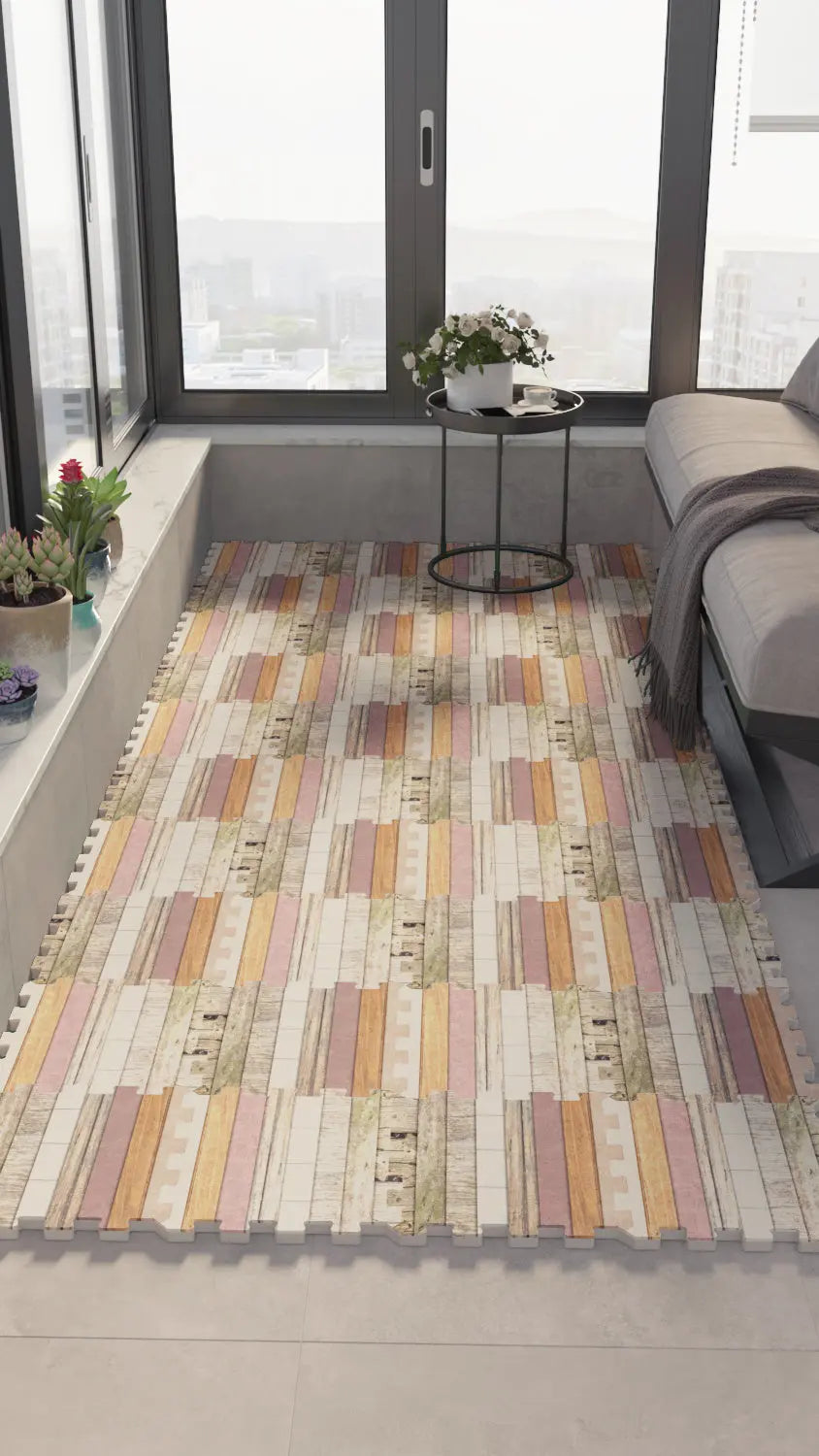 🪵 DECOZEYN Eskitme Renkli Ahşap Panel Deseni Baskılı Puzzle Yapboz Zemin Halısı! Toz Pembe, Şeftali, Bej ve Gri Mutfak, Balkon ve Oturma Odası Decozeyn