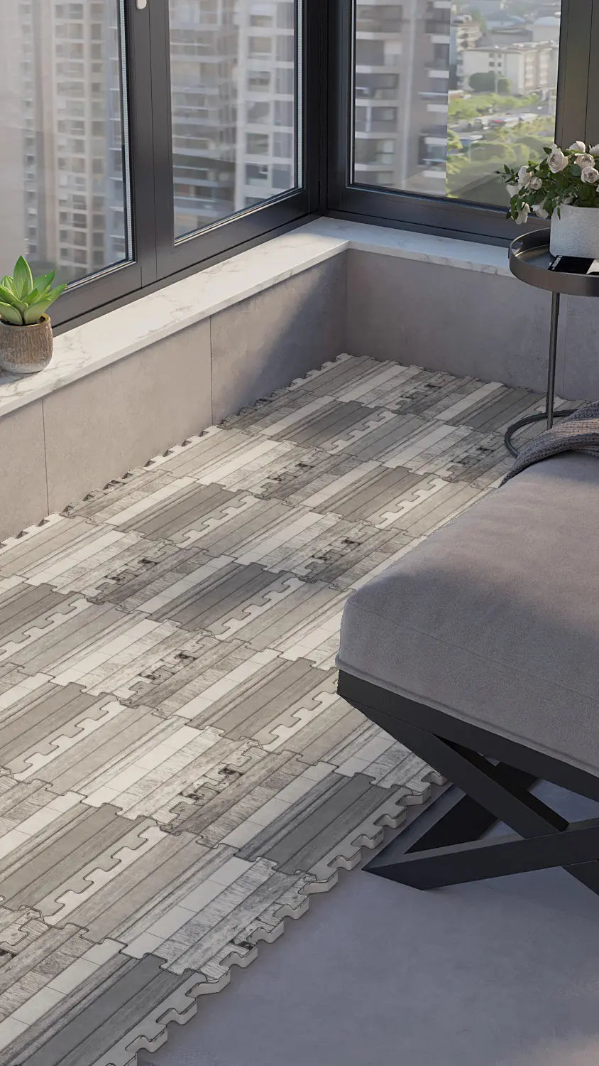 🪵 DECOZEYN Eskitme Gri Ahşap Panel Deseni Baskılı Puzzle Yapboz Zemin Halısı! Gri, Antrasit ve Beyaz Mutfak, Balkon ve Oturma Odası Decozeyn