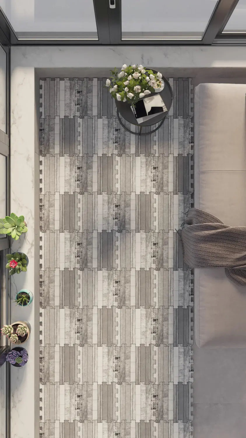 🪵 DECOZEYN Eskitme Gri Ahşap Panel Deseni Baskılı Puzzle Yapboz Zemin Halısı! Gri, Antrasit ve Beyaz Mutfak, Balkon ve Oturma Odası Decozeyn