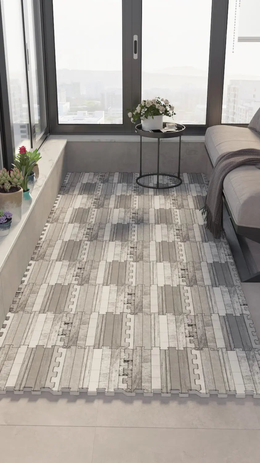 🪵 DECOZEYN Eskitme Gri Ahşap Panel Deseni Baskılı Puzzle Yapboz Zemin Halısı! Gri, Antrasit ve Beyaz Mutfak, Balkon ve Oturma Odası Decozeyn