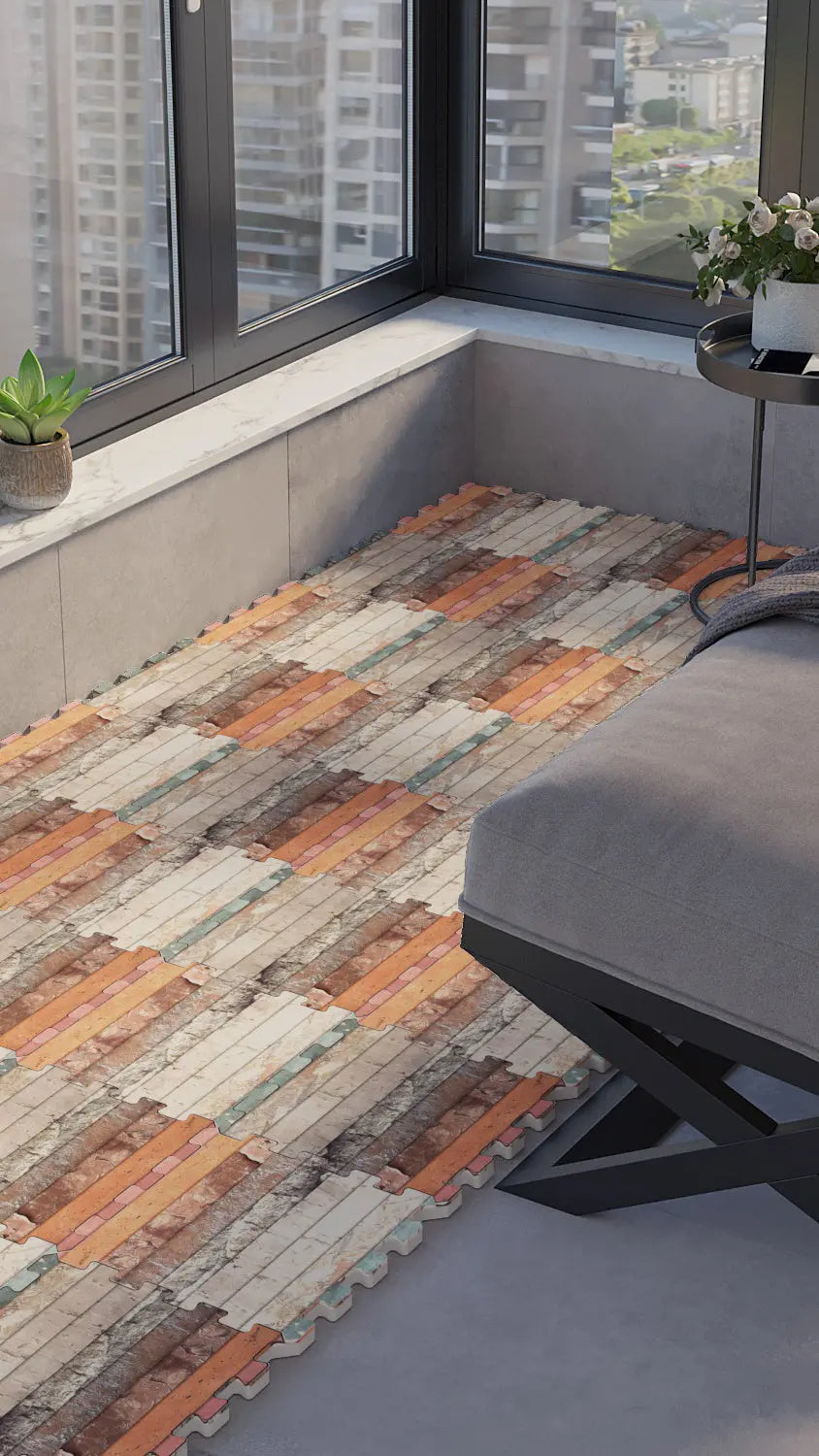 🪵 DECOZEYN Mermer ve Çok Renkli Ahşap Panel Deseni Baskılı Puzzle Yapboz Zemin Halısı! Turuncu, Mavi, Krem ve Gri Mutfak, Balkon ve Oturma Odası Decozeyn