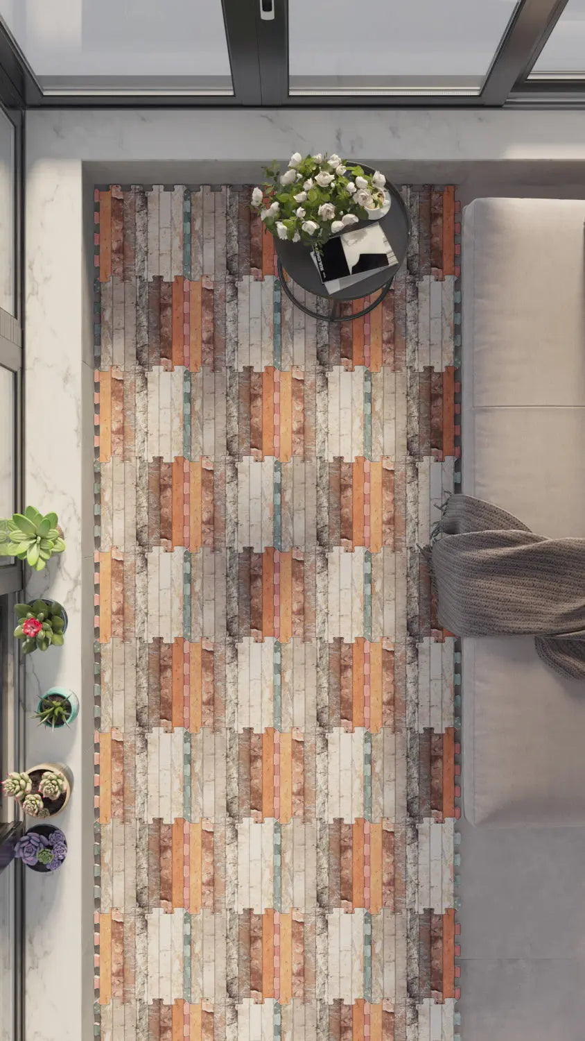 🪵 DECOZEYN Mermer ve Çok Renkli Ahşap Panel Deseni Baskılı Puzzle Yapboz Zemin Halısı! Turuncu, Mavi, Krem ve Gri Mutfak, Balkon ve Oturma Odası Decozeyn