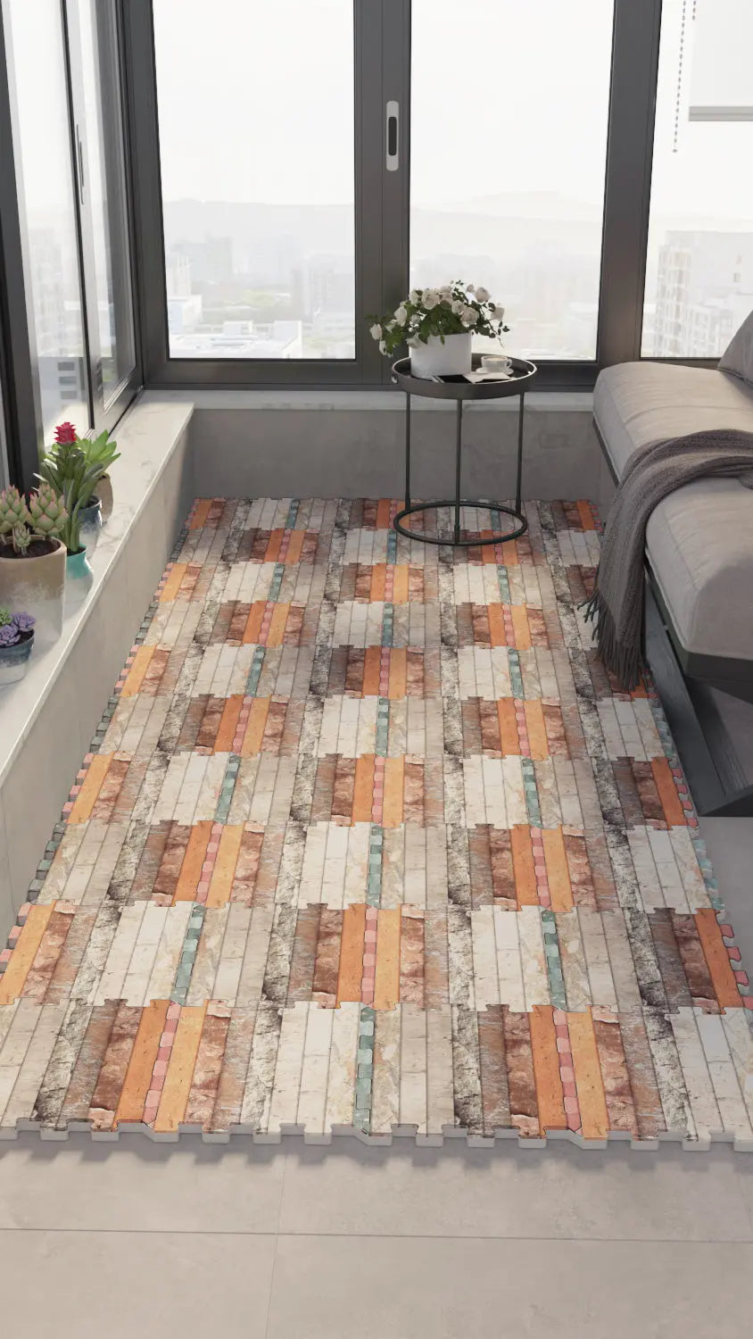 🪵 DECOZEYN Mermer ve Çok Renkli Ahşap Panel Deseni Baskılı Puzzle Yapboz Zemin Halısı! Turuncu, Mavi, Krem ve Gri Mutfak, Balkon ve Oturma Odası Decozeyn