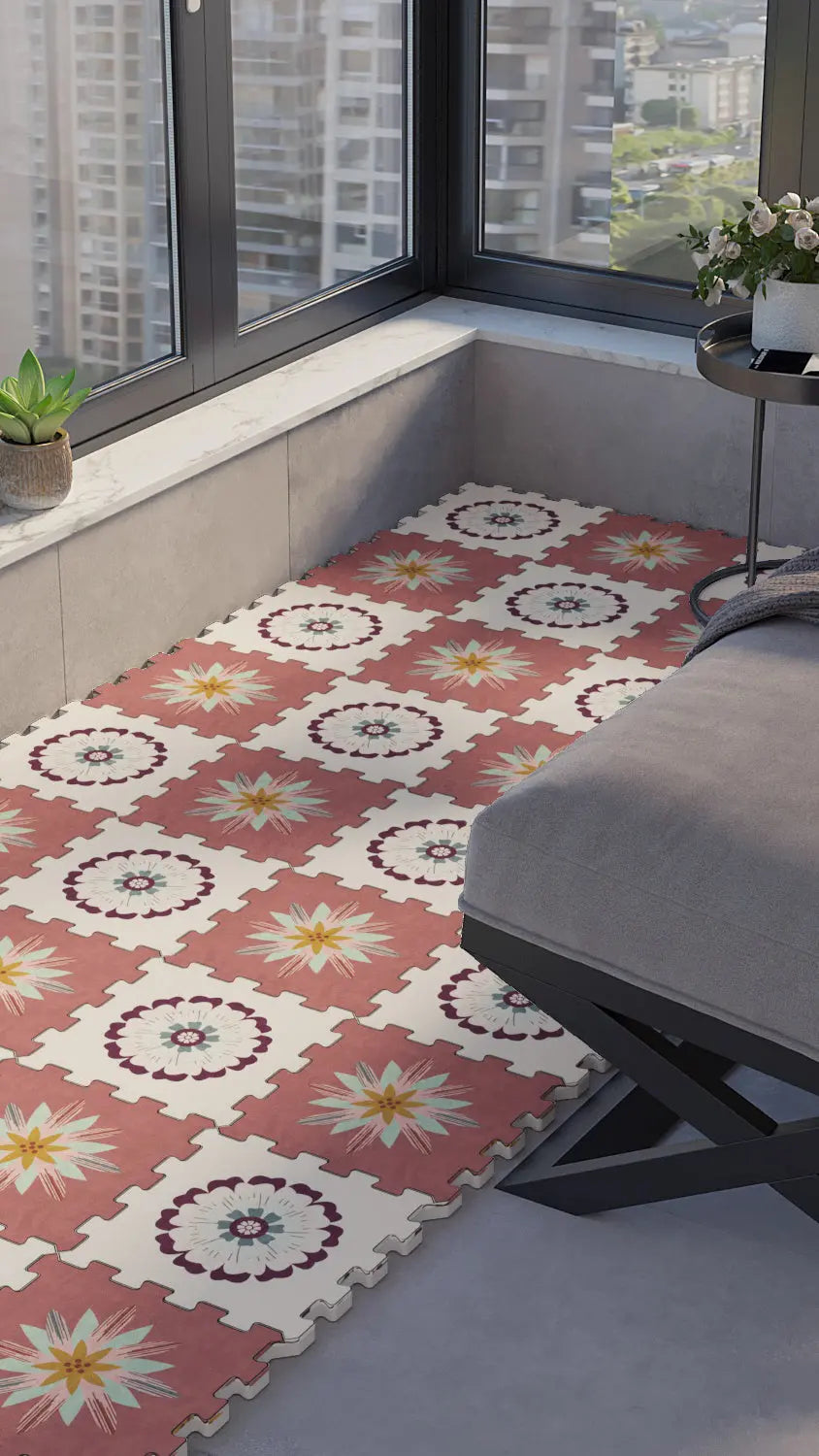🌼 DECOZEYN Retro Çiçek ve Güneş Deseni Baskılı Puzzle Yapboz Zemin Halısı! Kiremit, Krem, Sarı ve Mor Mutfak, Balkon ve Oturma Odası Decozeyn