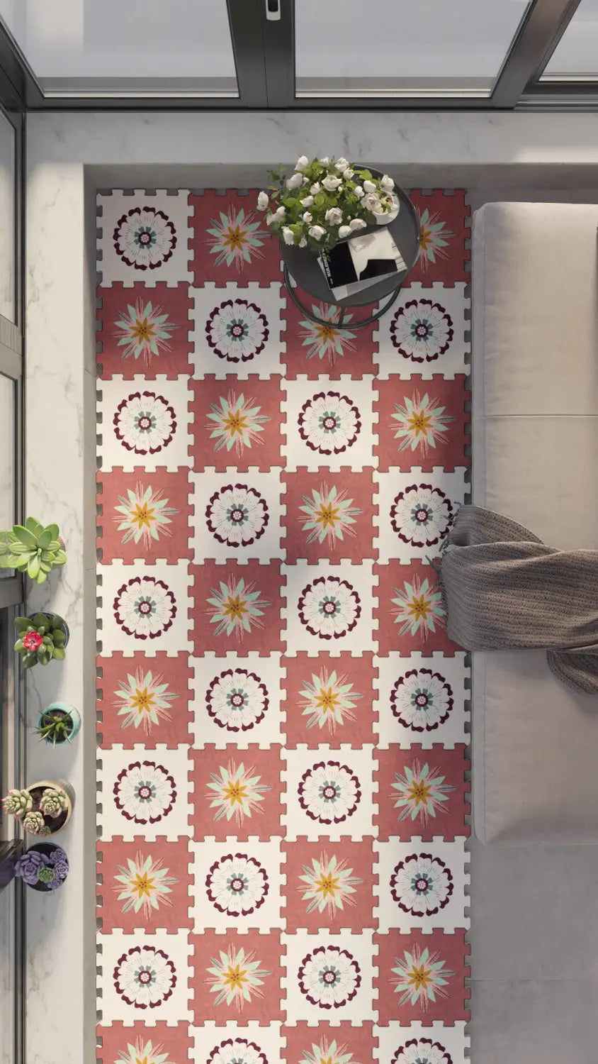 🌼 DECOZEYN Retro Çiçek ve Güneş Deseni Baskılı Puzzle Yapboz Zemin Halısı! Kiremit, Krem, Sarı ve Mor Mutfak, Balkon ve Oturma Odası Decozeyn