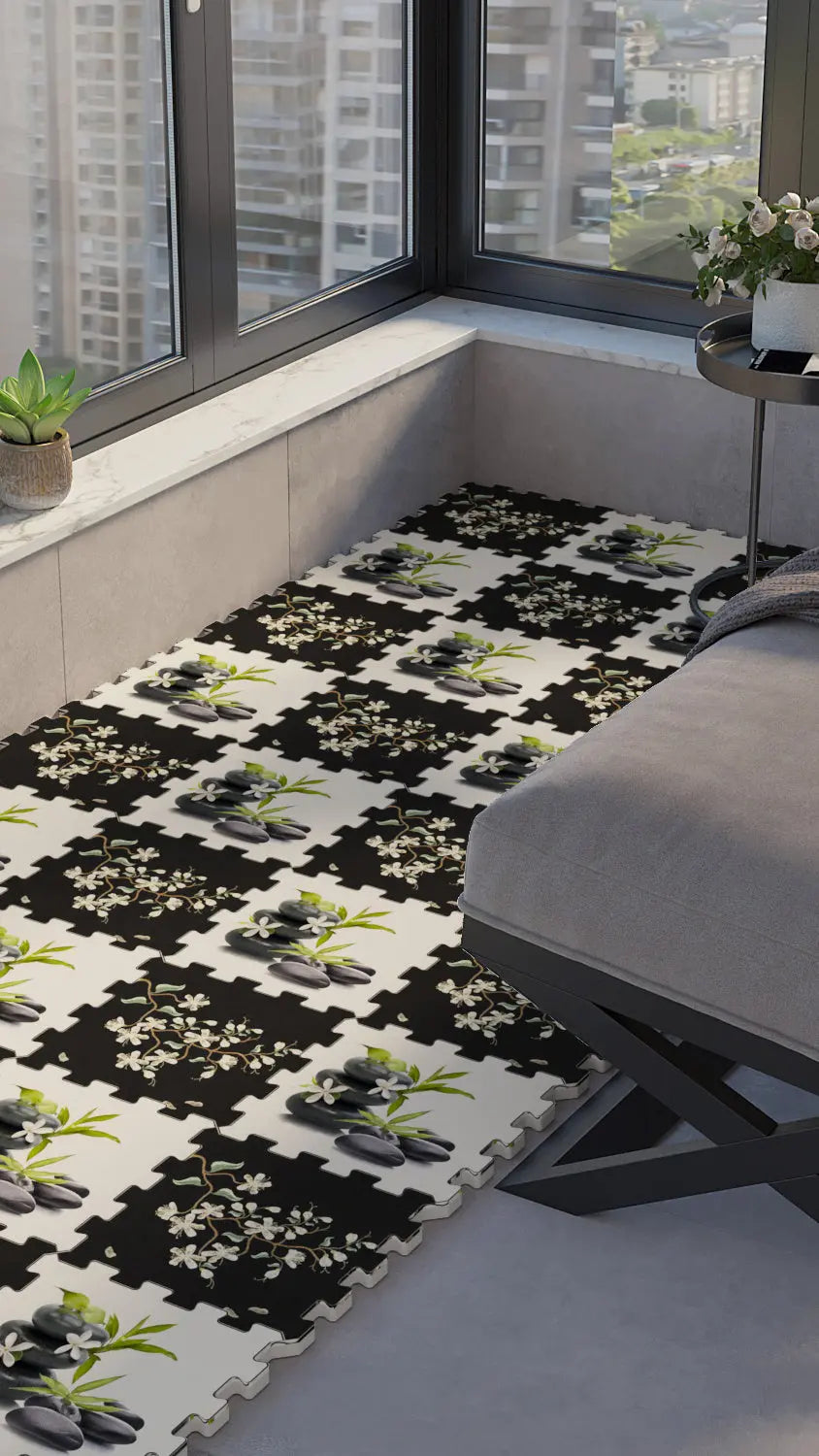 DECOZEYN Zen Taşları ve Çiçek Desenli Baskılı Puzzle Zemin Halısı! Siyah, Beyaz ve Yeşil Mutfak, Balkon ve Oturma Odası Decozeyn