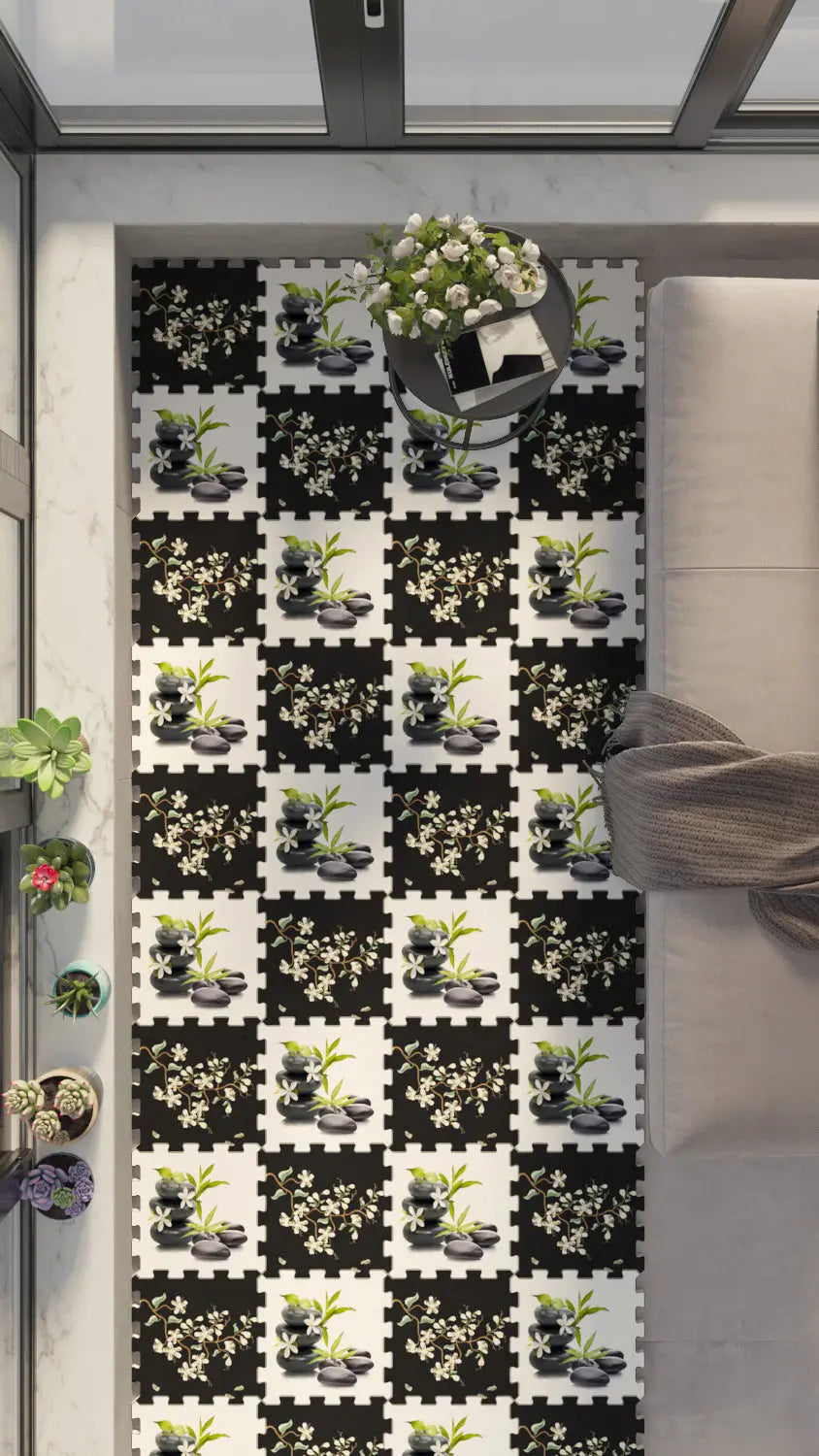 DECOZEYN Zen Taşları ve Çiçek Desenli Baskılı Puzzle Zemin Halısı! Siyah, Beyaz ve Yeşil Mutfak, Balkon ve Oturma Odası Decozeyn