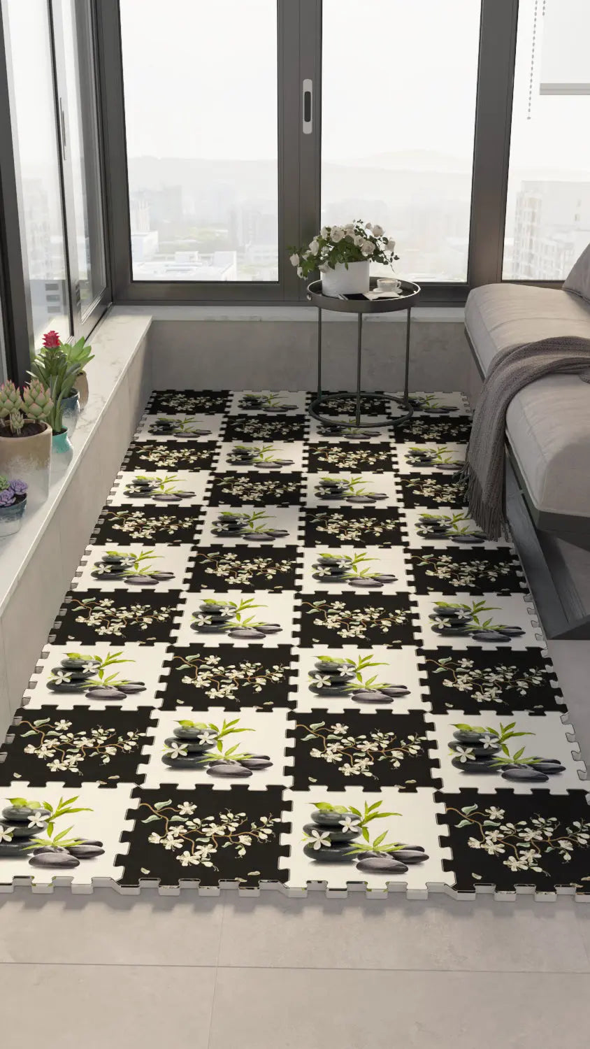 DECOZEYN Zen Taşları ve Çiçek Desenli Baskılı Puzzle Zemin Halısı! Siyah, Beyaz ve Yeşil Mutfak, Balkon ve Oturma Odası Decozeyn