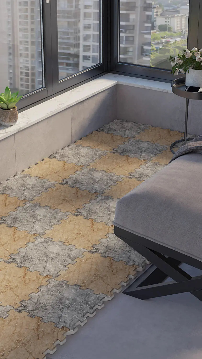 💎 DECOZEYN Dama Desenli Mermer Görünümlü Baskılı Puzzle Yapboz Zemin Halısı! Altın/Bal Rengi ve Gri Mutfak, Balkon ve Oturma Odası Decozeyn