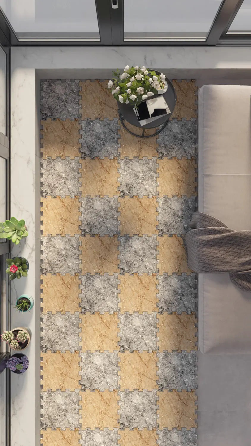 💎 DECOZEYN Dama Desenli Mermer Görünümlü Baskılı Puzzle Yapboz Zemin Halısı! Altın/Bal Rengi ve Gri Mutfak, Balkon ve Oturma Odası Decozeyn