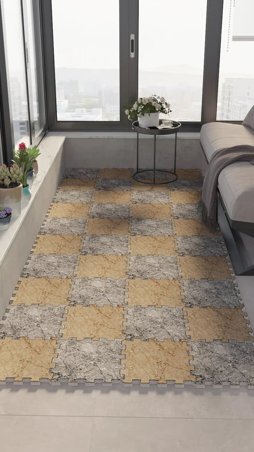 💎 DECOZEYN Dama Desenli Mermer Görünümlü Baskılı Puzzle Yapboz Zemin Halısı! Altın/Bal Rengi ve Gri Mutfak, Balkon ve Oturma Odası Decozeyn