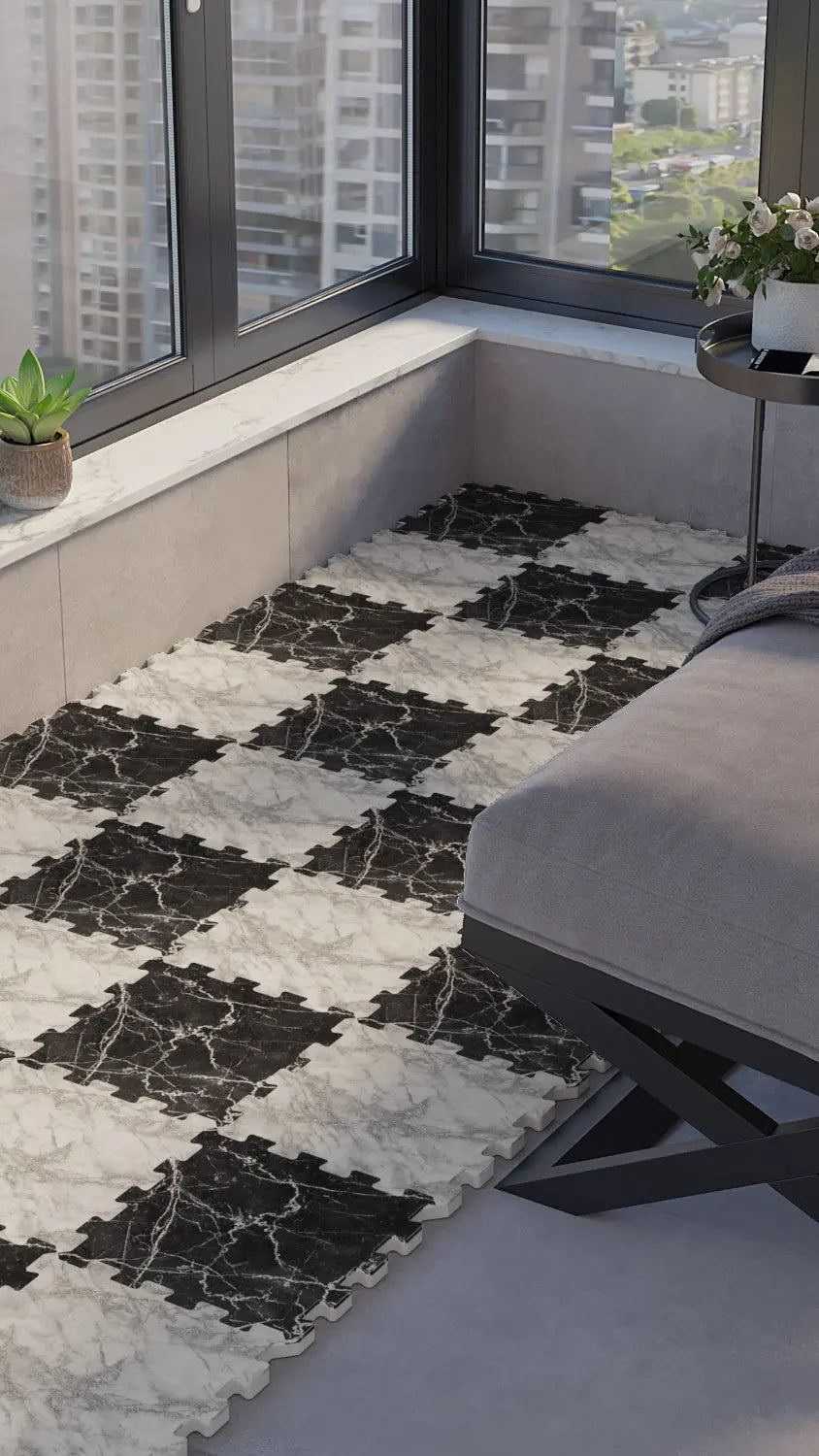 🔳 DECOZEYN Dama Desenli Siyah Beyaz Mermer Görünümlü Baskılı Puzzle Yapboz Zemin Halısı! Siyah, Beyaz ve Gri Mutfak, Balkon ve Oturma Odası Decozeyn