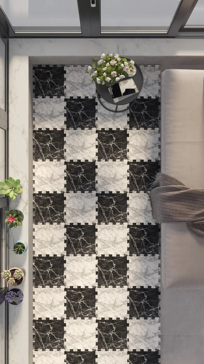 🔳 DECOZEYN Dama Desenli Siyah Beyaz Mermer Görünümlü Baskılı Puzzle Yapboz Zemin Halısı! Siyah, Beyaz ve Gri Mutfak, Balkon ve Oturma Odası Decozeyn