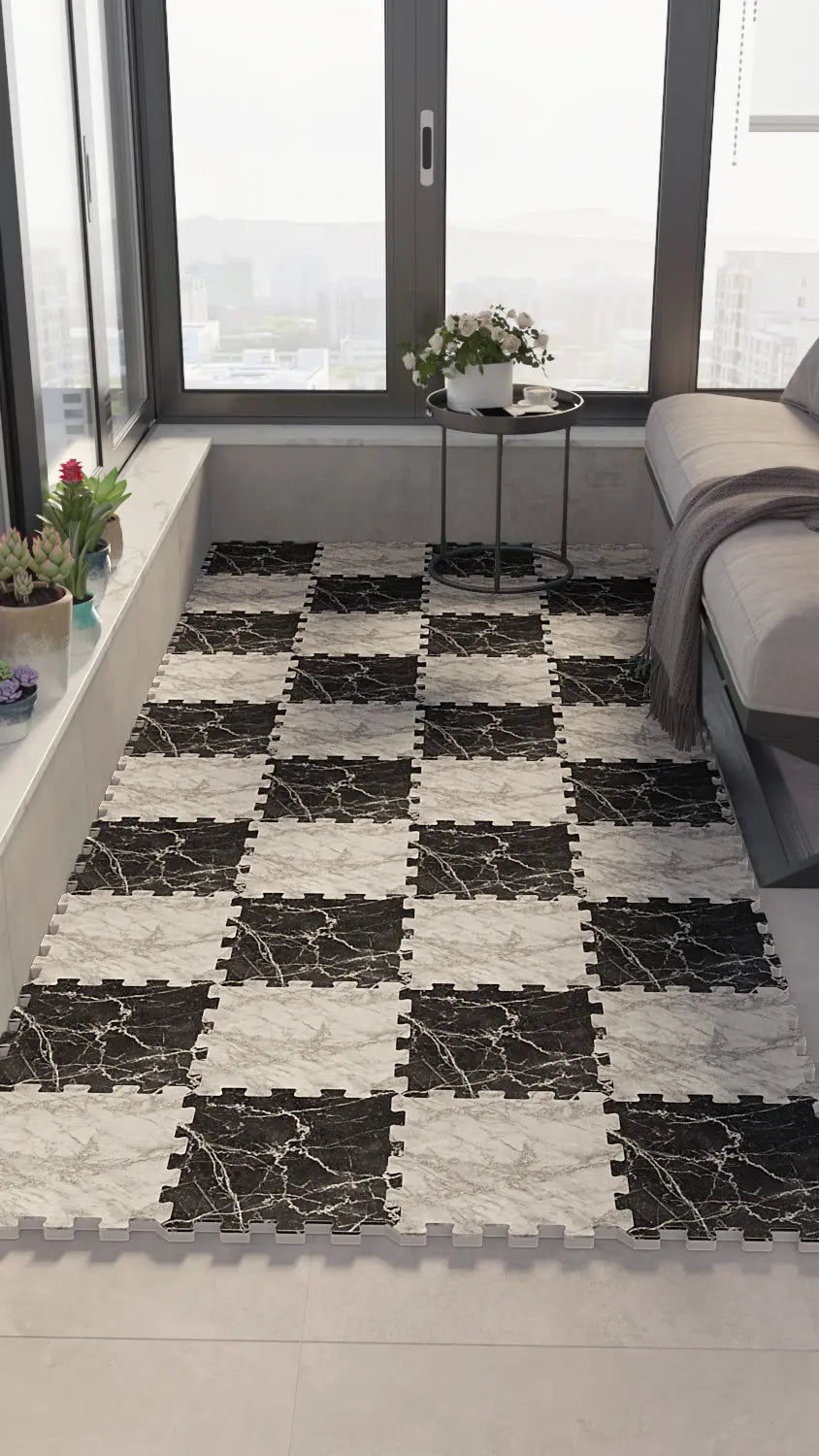 🔳 DECOZEYN Dama Desenli Siyah Beyaz Mermer Görünümlü Baskılı Puzzle Yapboz Zemin Halısı! Siyah, Beyaz ve Gri Mutfak, Balkon ve Oturma Odası Decozeyn