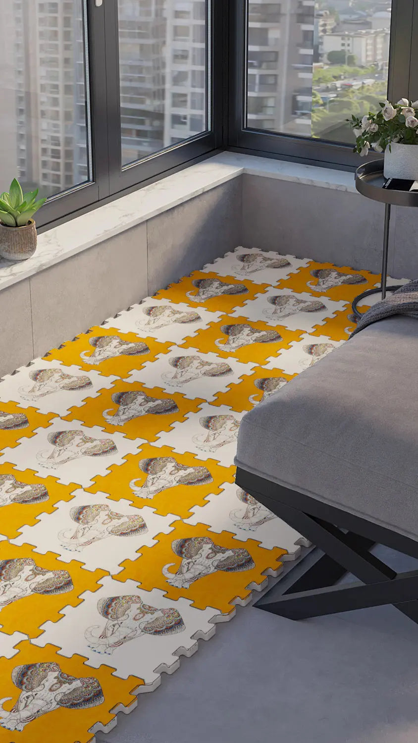 🐘 DECOZEYN Dama Desenli Fil Motifi Baskılı Puzzle Yapboz Zemin Halısı! Sarı, Beyaz ve Kahve Tonları Mutfak, Balkon ve Oturma Odası Decozeyn