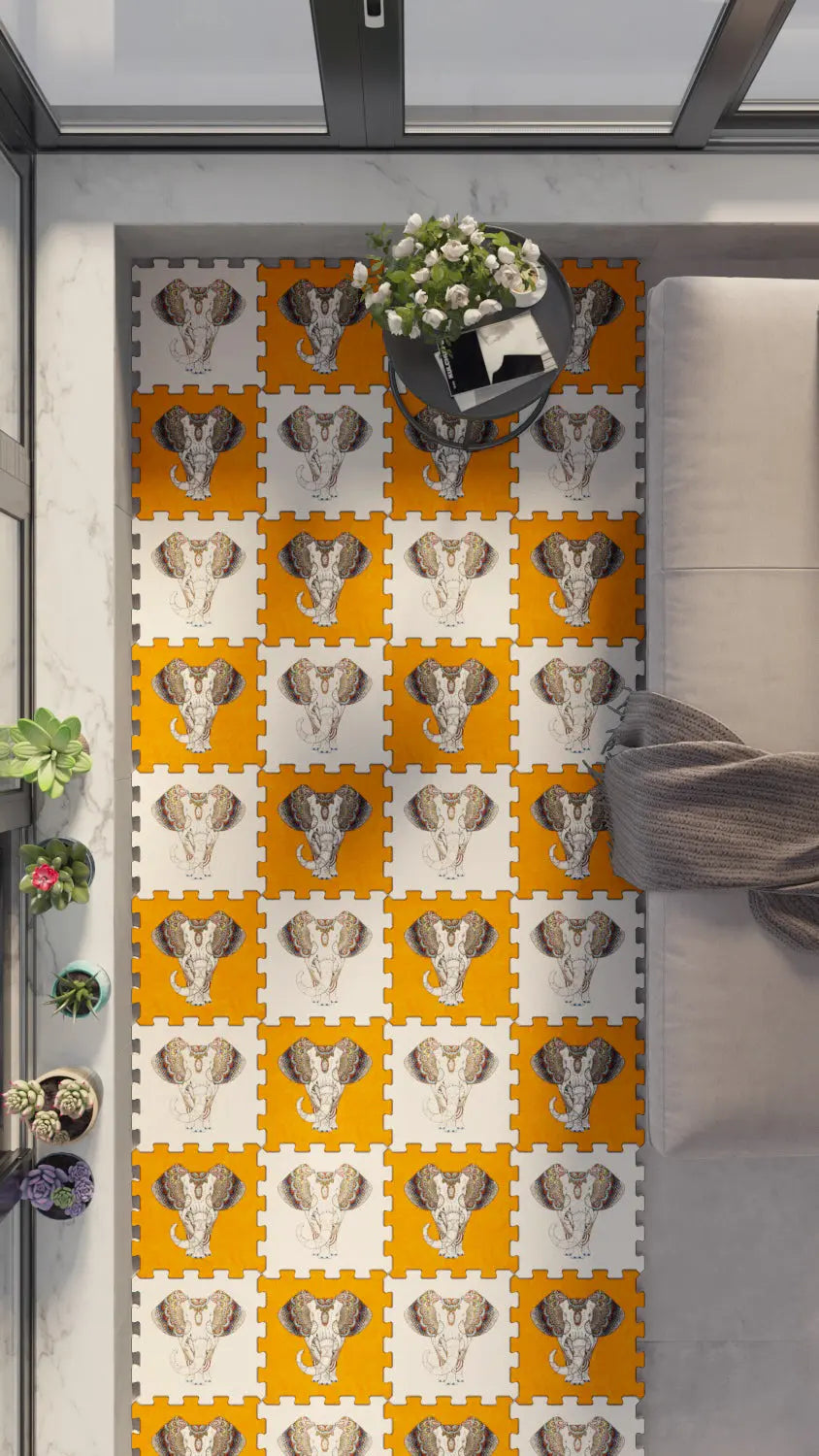 🐘 DECOZEYN Dama Desenli Fil Motifi Baskılı Puzzle Yapboz Zemin Halısı! Sarı, Beyaz ve Kahve Tonları Mutfak, Balkon ve Oturma Odası Decozeyn