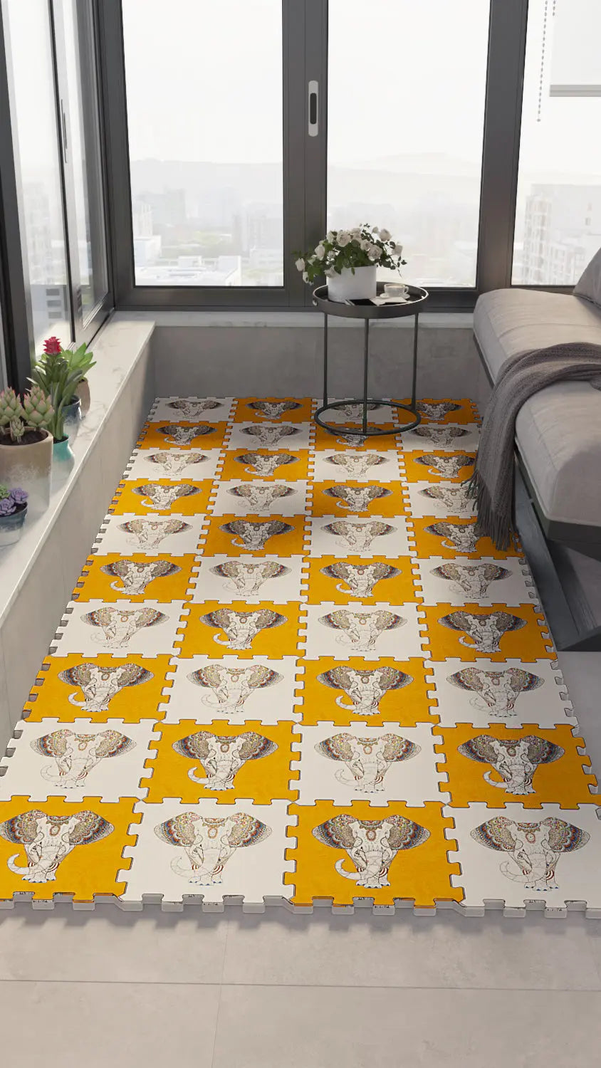 🐘 DECOZEYN Dama Desenli Fil Motifi Baskılı Puzzle Yapboz Zemin Halısı! Sarı, Beyaz ve Kahve Tonları Mutfak, Balkon ve Oturma Odası Decozeyn